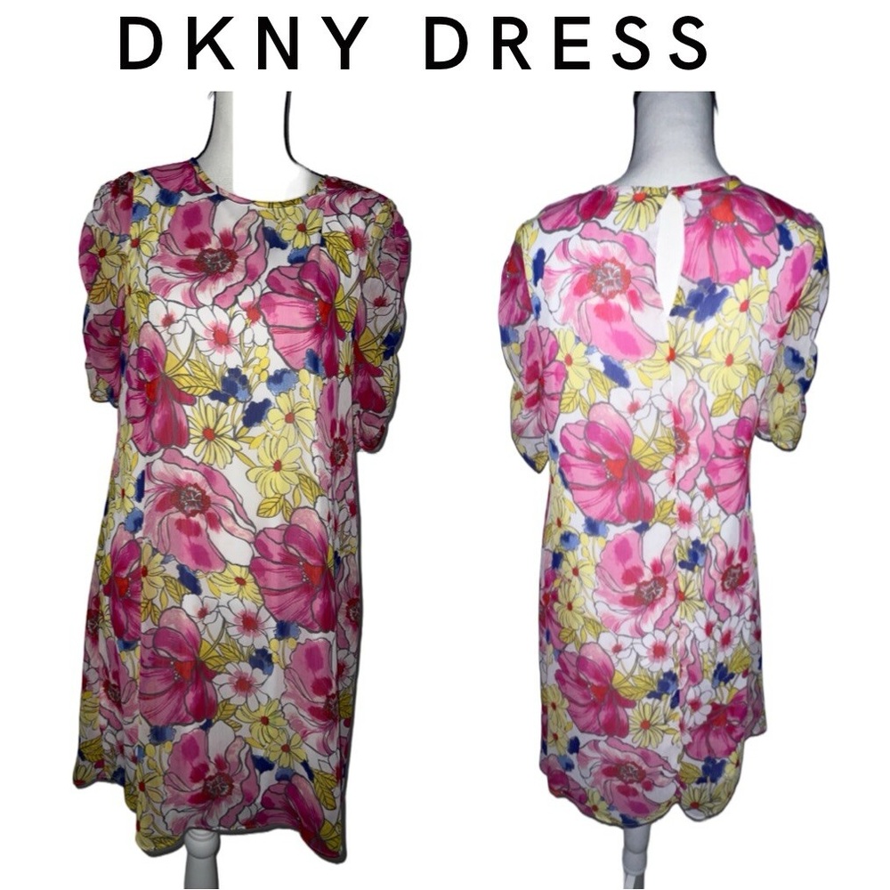 Dkny Floral Printed Flutter-puff Sleeve Fit & Flare Dress Size 8 Pink Dressy